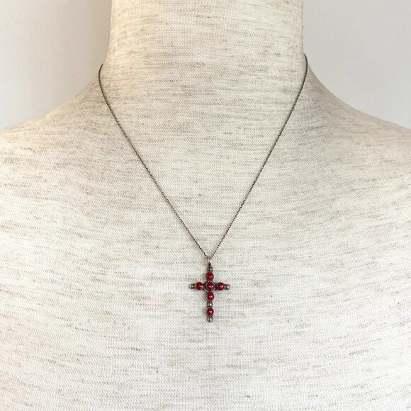 VTG Sterling Silver 925 Southwest Coral Multi Stone Cross Pendant Necklace 16" - Picture 2 of 16